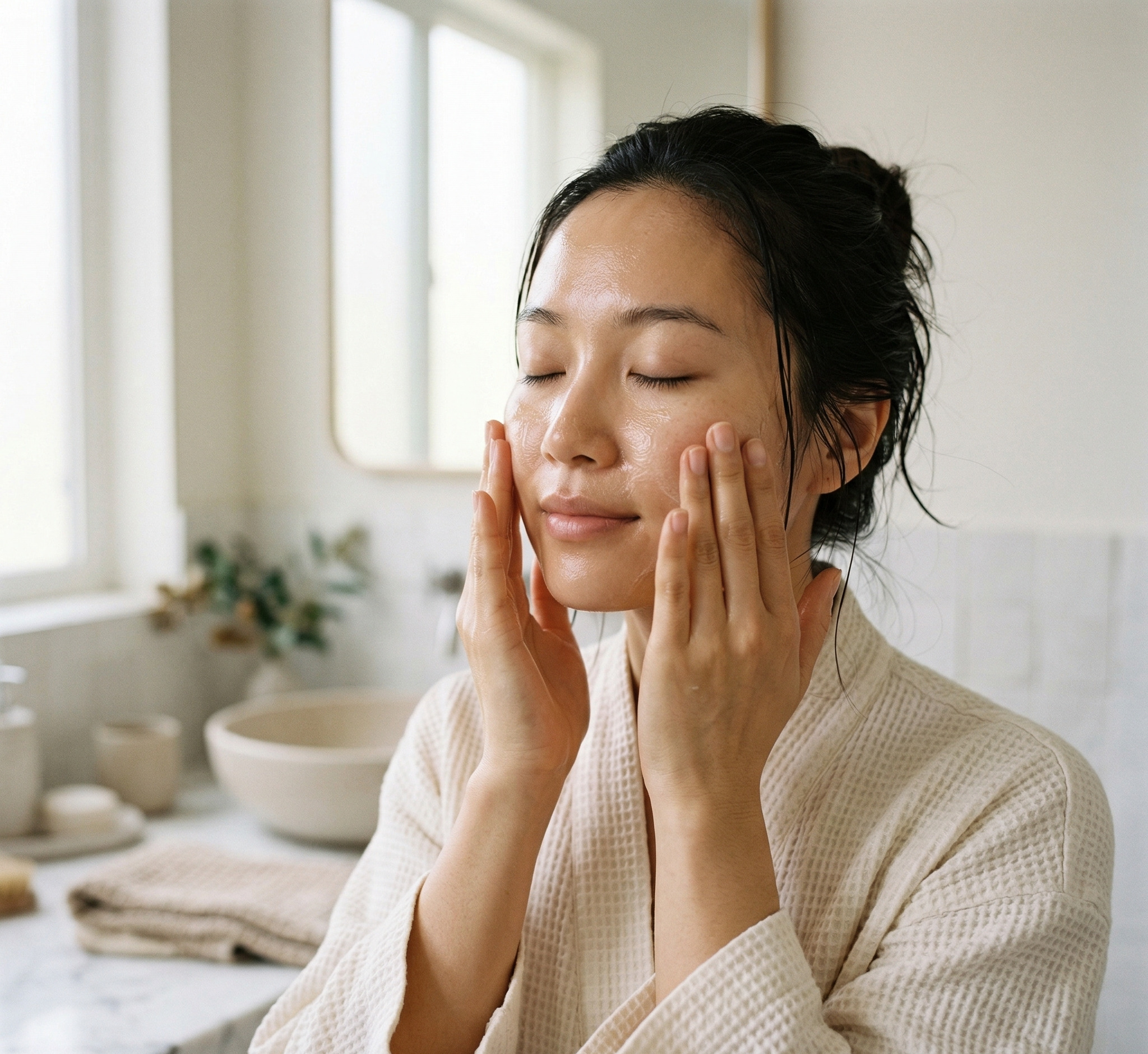 Cô gái thoa dầu tẩy trang lên mặt trong quy trình double cleansing