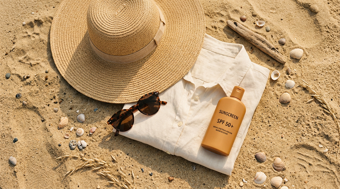 Các sản phẩm và phụ kiện bảo vệ da khỏi tia UV: kem chống nắng SPF, mũ rộng vành, kính mắt UV