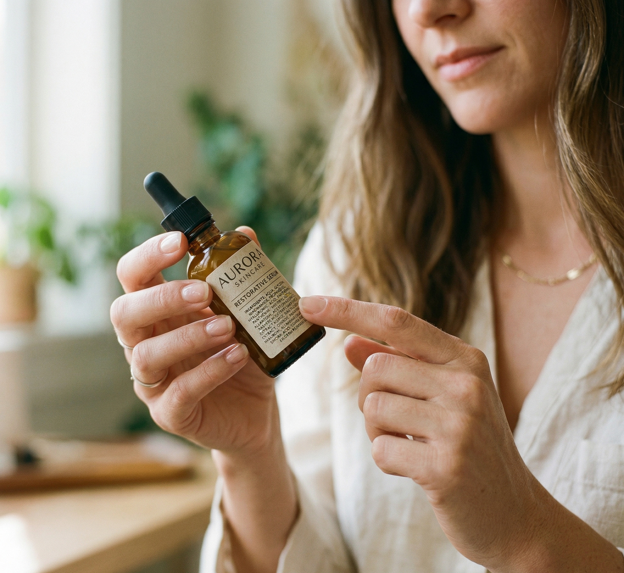 Phụ nữ đọc bảng thành phần INCI trên chai serum