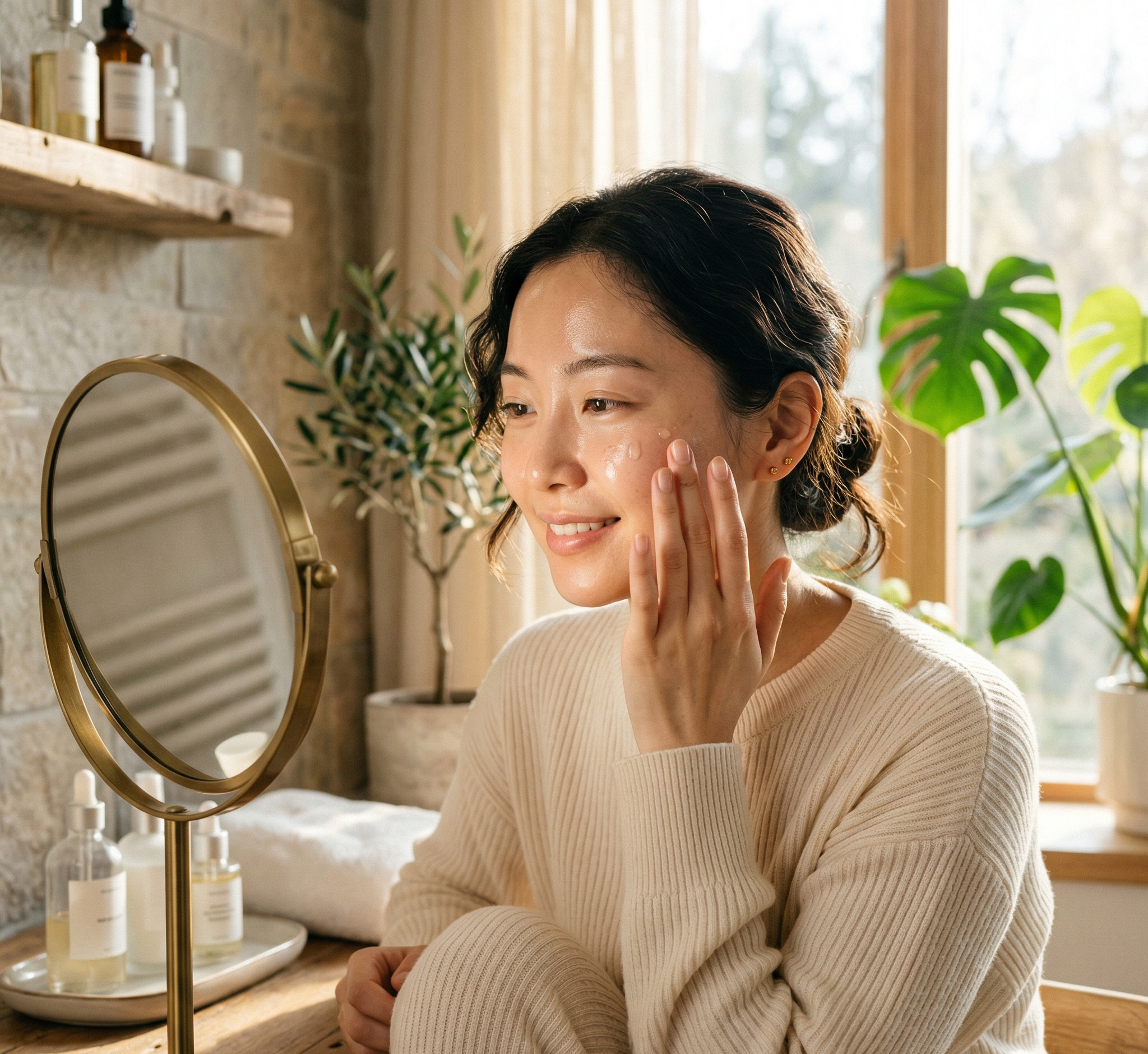 Phụ nữ châu Á thoa serum vitamin C buổi sáng trước gương