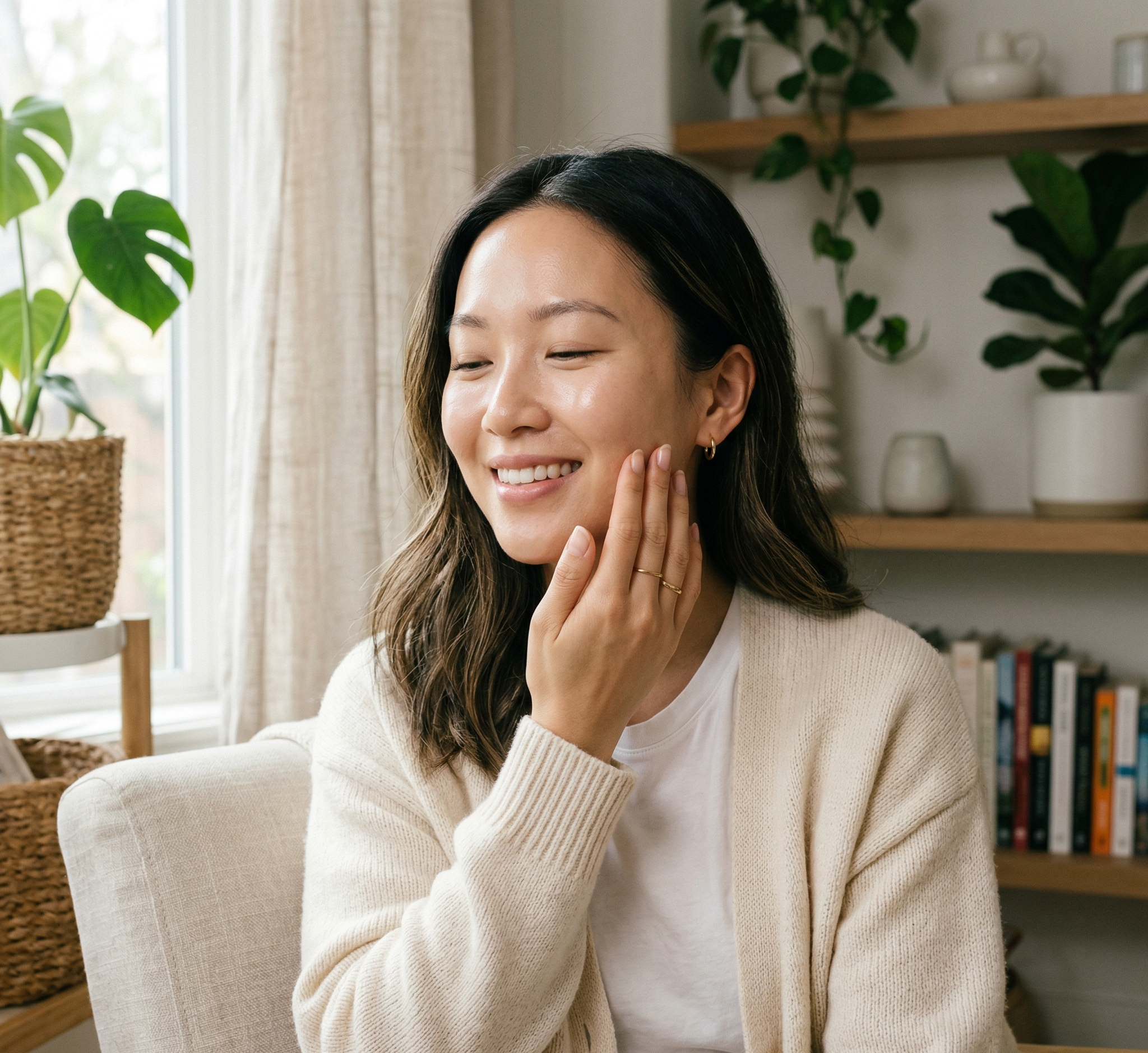 Phụ nữ châu Á với làn da khỏe mạnh chạm tay lên má trong không gian thư giãn