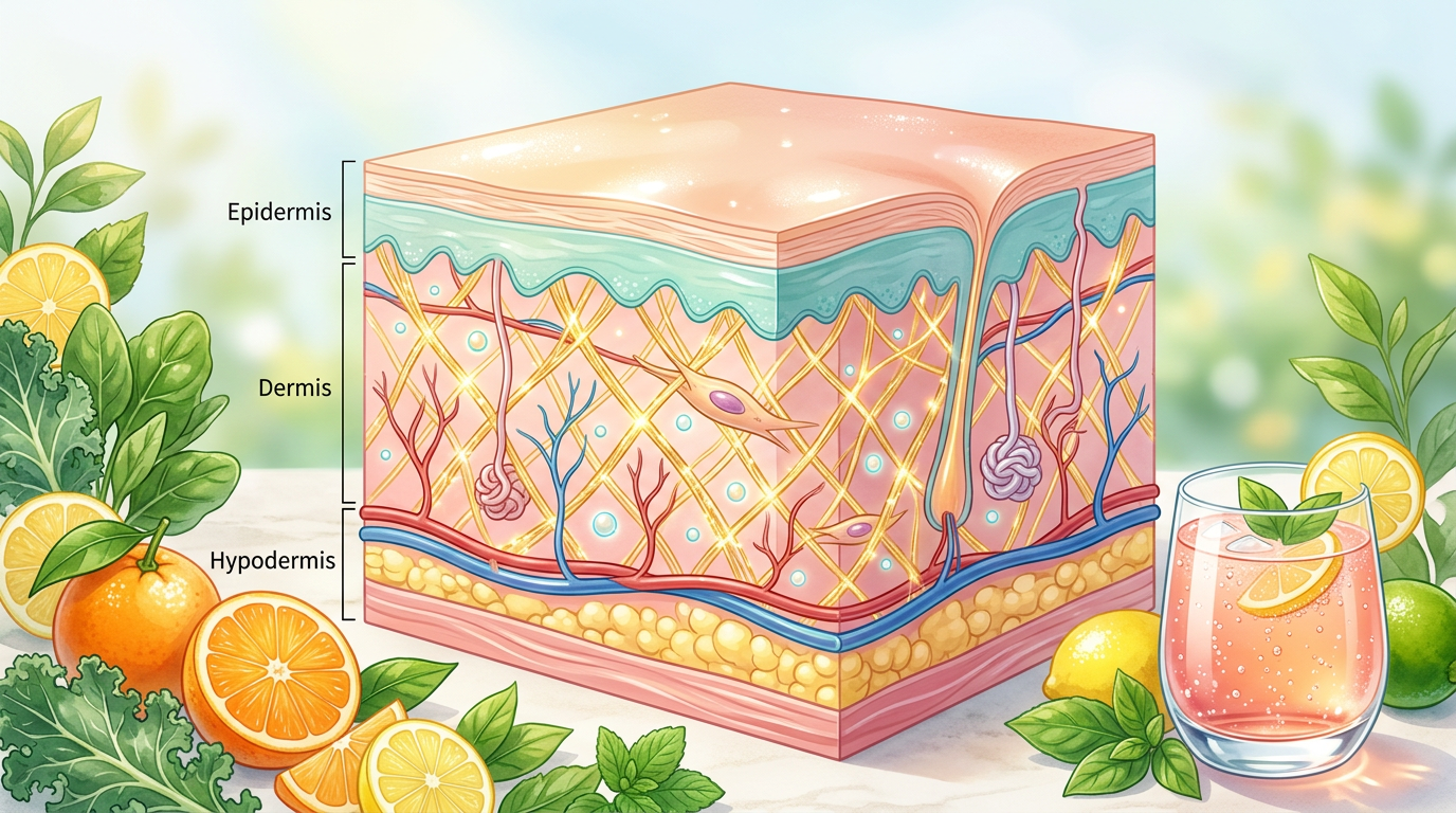 Minh họa collagen trong da với các sợi protein vàng và thực phẩm giàu vitamin C như cam, dâu tây