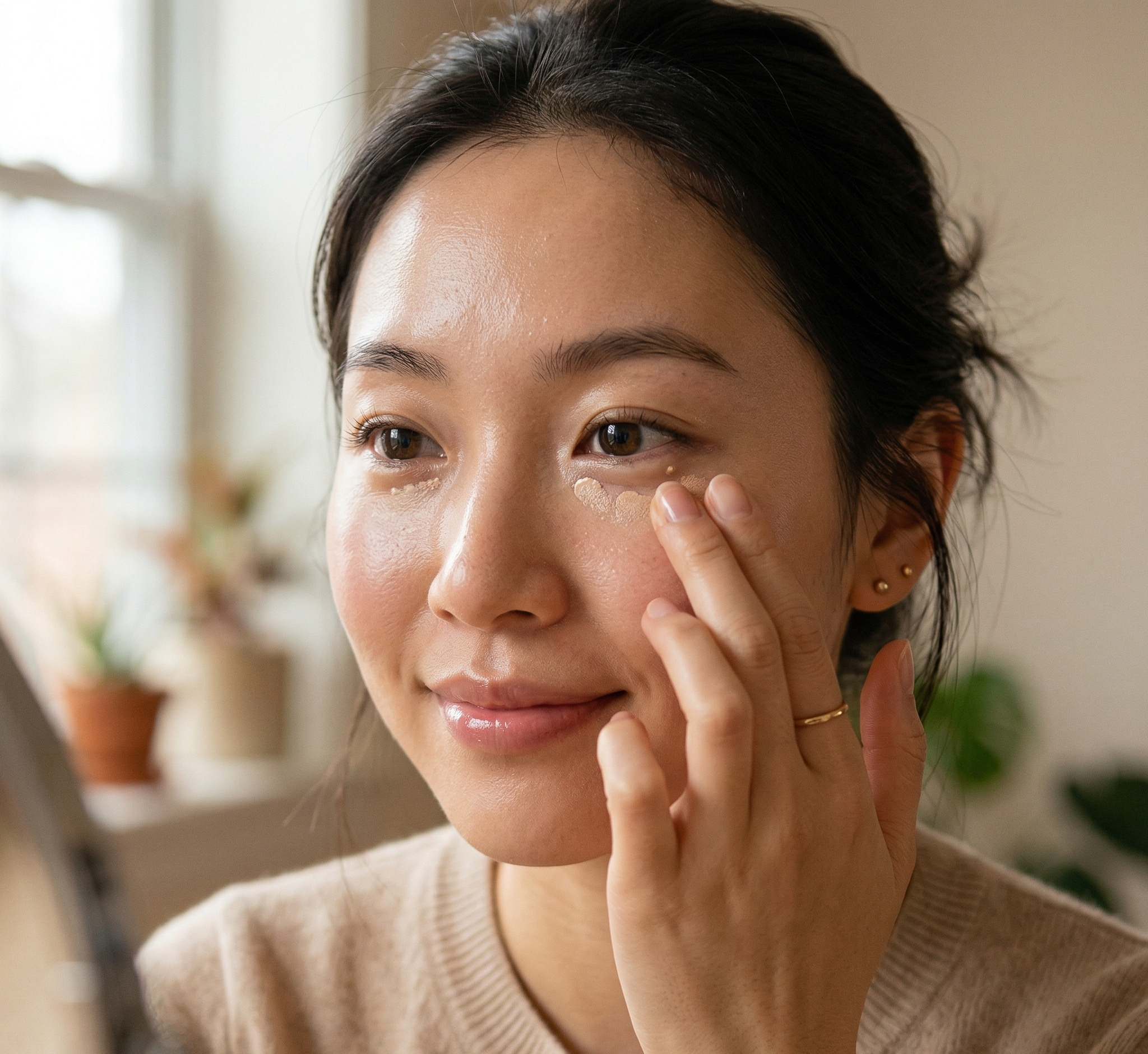 thoa concealer che khuyết điểm dưới mắt trang điểm tự nhiên