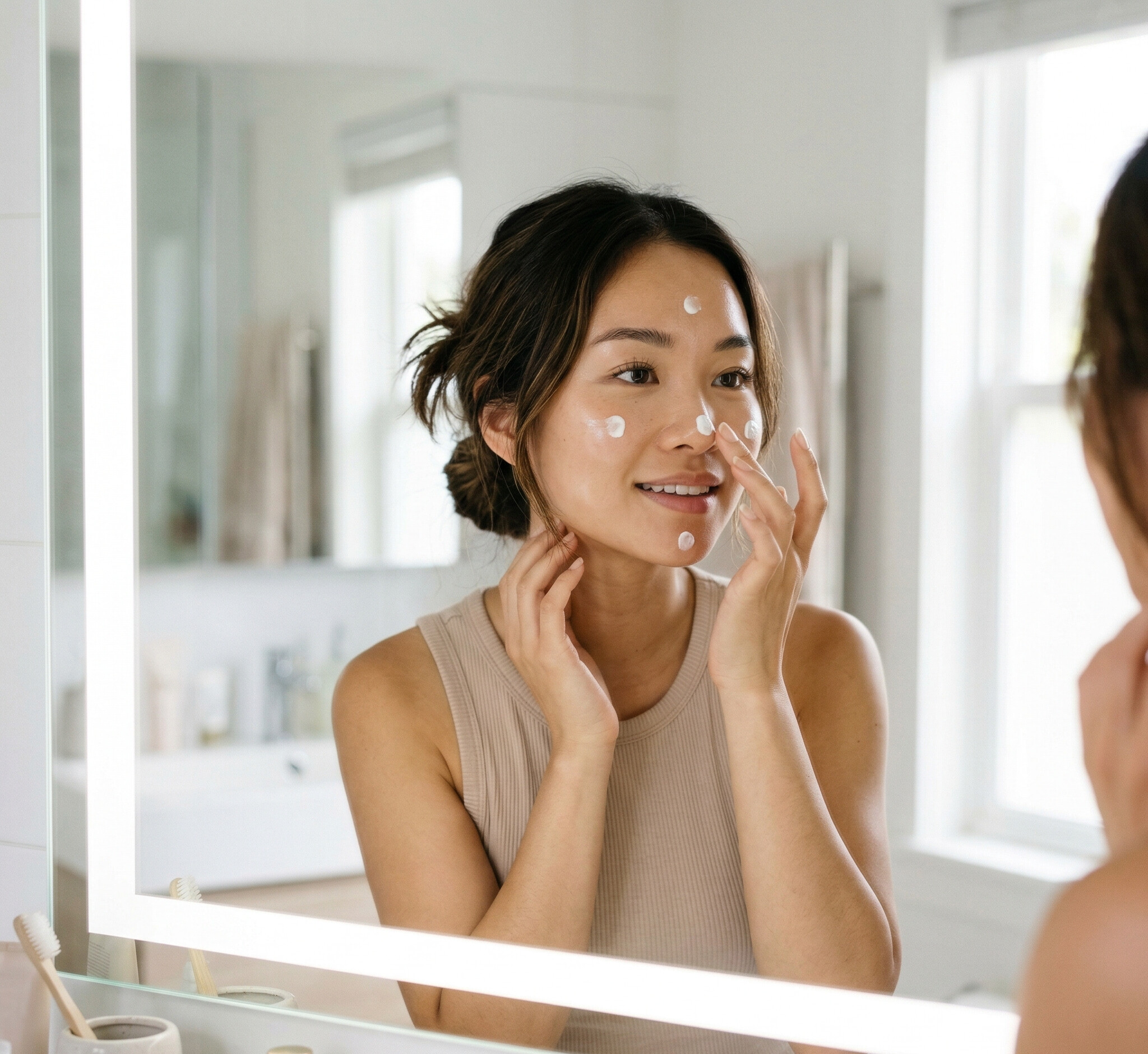 Kỹ thuật bôi kem chống nắng đúng cách bằng cách chấm 5 điểm trên mặt trước khi thoa đều