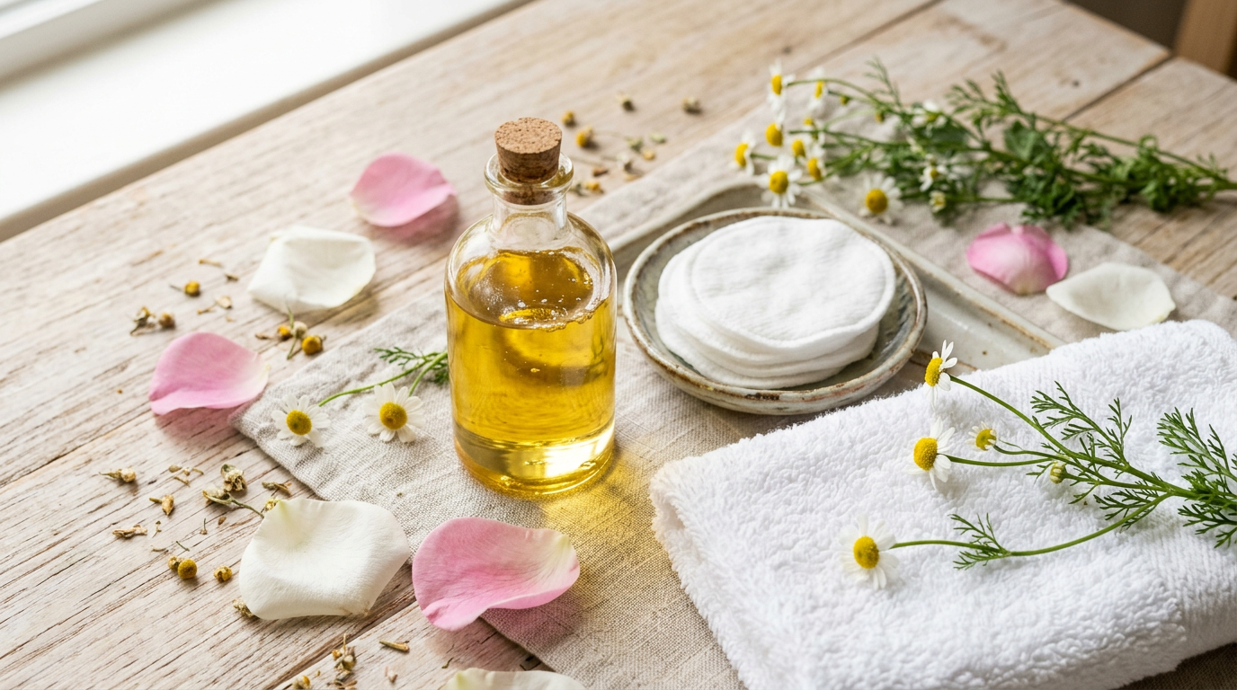 Chai dầu tẩy trang màu vàng óng và các nguyên liệu thiên nhiên bày trên bàn skincare tối giản