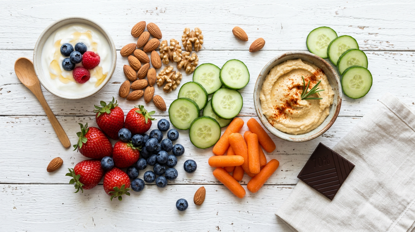 Các loại đồ ăn vặt tốt cho sức khỏe bày đẹp trên bàn: hạt hạnh nhân, dâu tây, sữa chua Hy Lạp, rau củ và dark chocolate