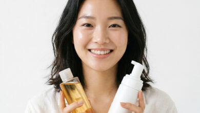 Cô gái tươi tắn cầm dầu tẩy trang và sữa rửa mặt - bộ đôi sản phẩm double cleansing