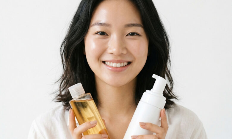 Cô gái tươi tắn cầm dầu tẩy trang và sữa rửa mặt - bộ đôi sản phẩm double cleansing