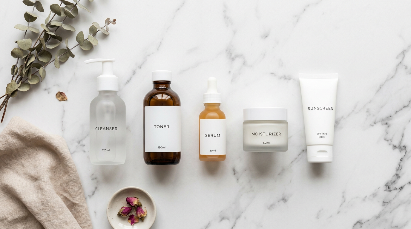 Bộ sản phẩm skincare cơ bản 5 bước được sắp xếp theo thứ tự sử dụng