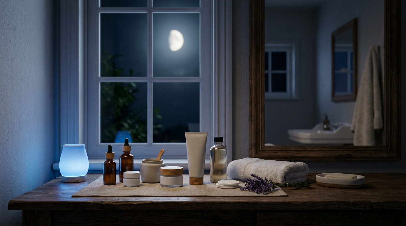 Skincare routine buổi tối với sản phẩm phục hồi da khi ngủ