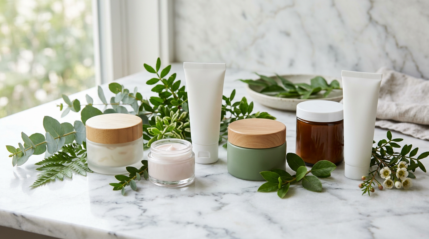 Các loại kem dưỡng ẩm cho từng loại da được bày trên mặt bàn cẩm thạch
