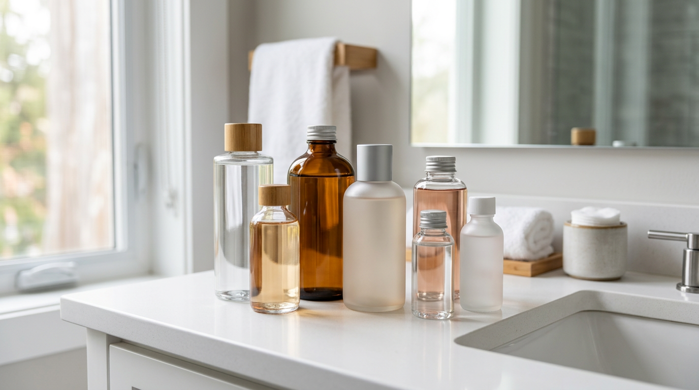 Các loại toner skincare được xếp trên kệ phòng tắm với ánh sáng tự nhiên