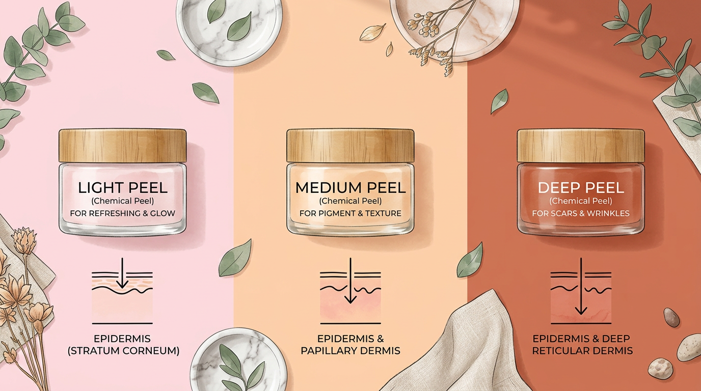 Ba loại peel da phổ biến: peel nông, trung bình và sâu