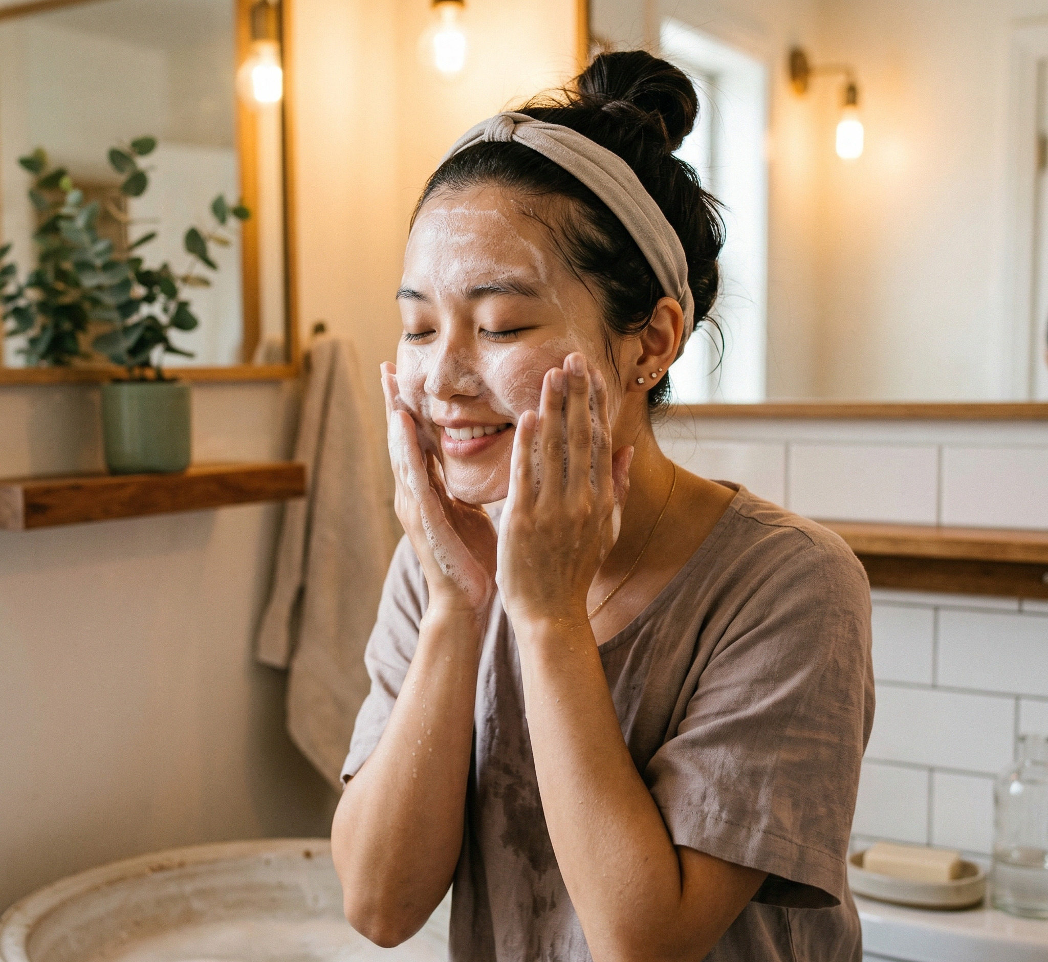 Cô gái rửa mặt với bọt sữa rửa mặt trong bước 2 của quy trình double cleansing