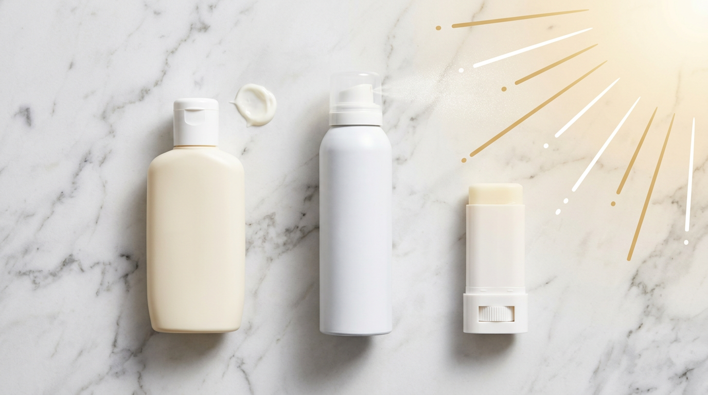 So sánh ba dạng kem chống nắng: dạng bôi, dạng xịt và dạng thỏi trên bề mặt cẩm thạch trắng