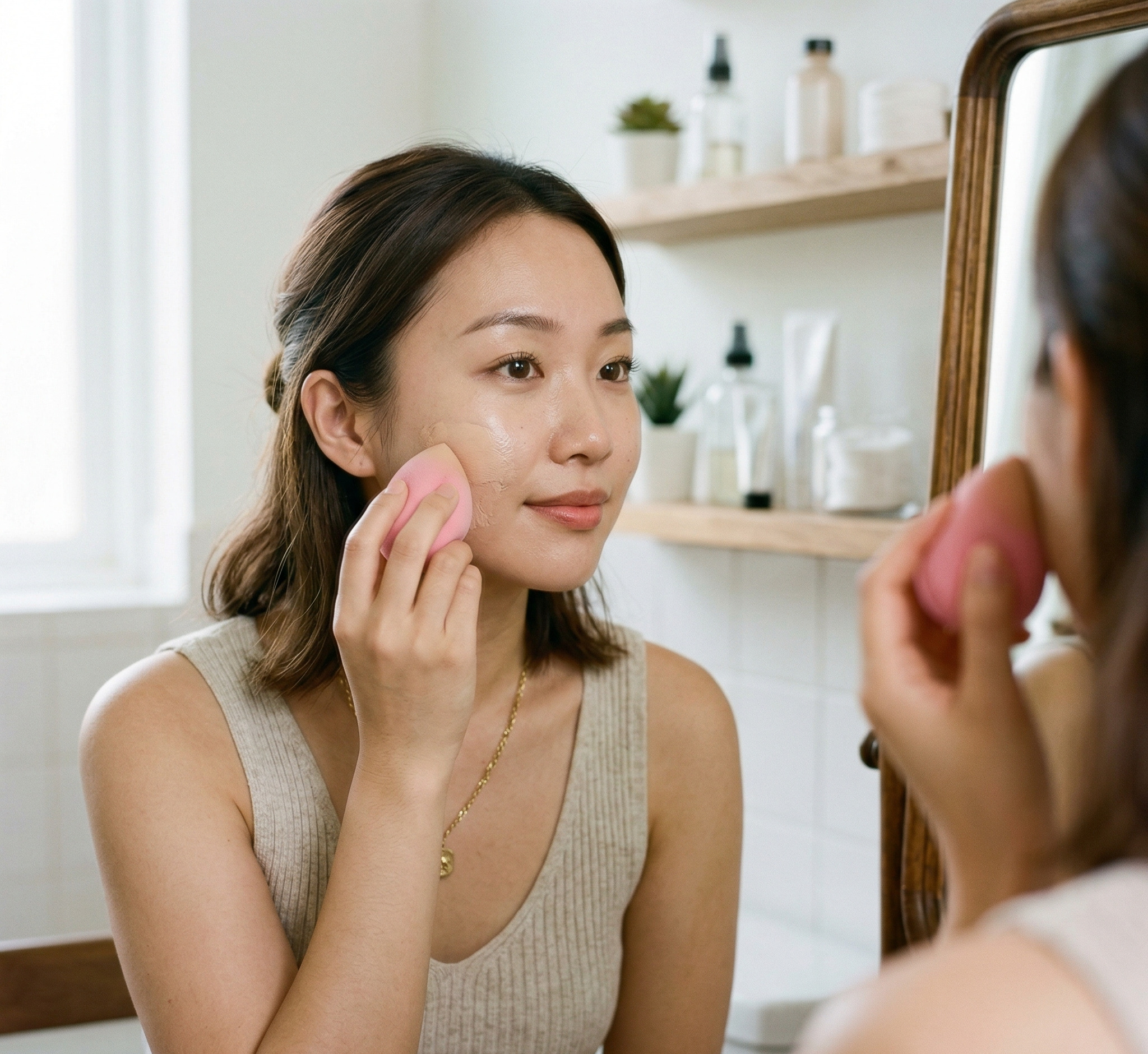 thoa kem nền nhẹ BB cream bằng mút beauty sponge trang điểm tự nhiên
