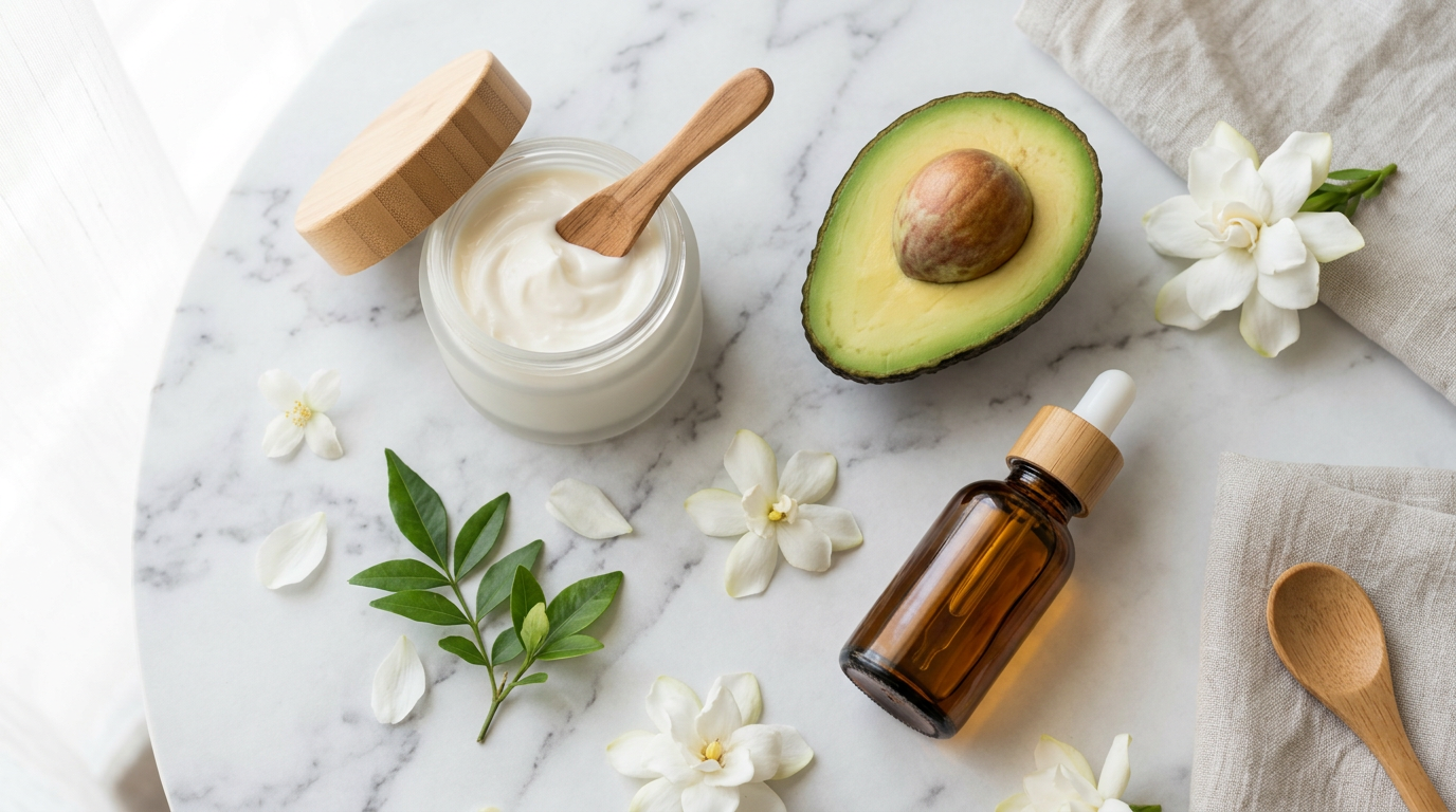 Hũ kem ủ tóc màu trắng cùng trái bơ và chai argan oil trên bề mặt đá cẩm thạch