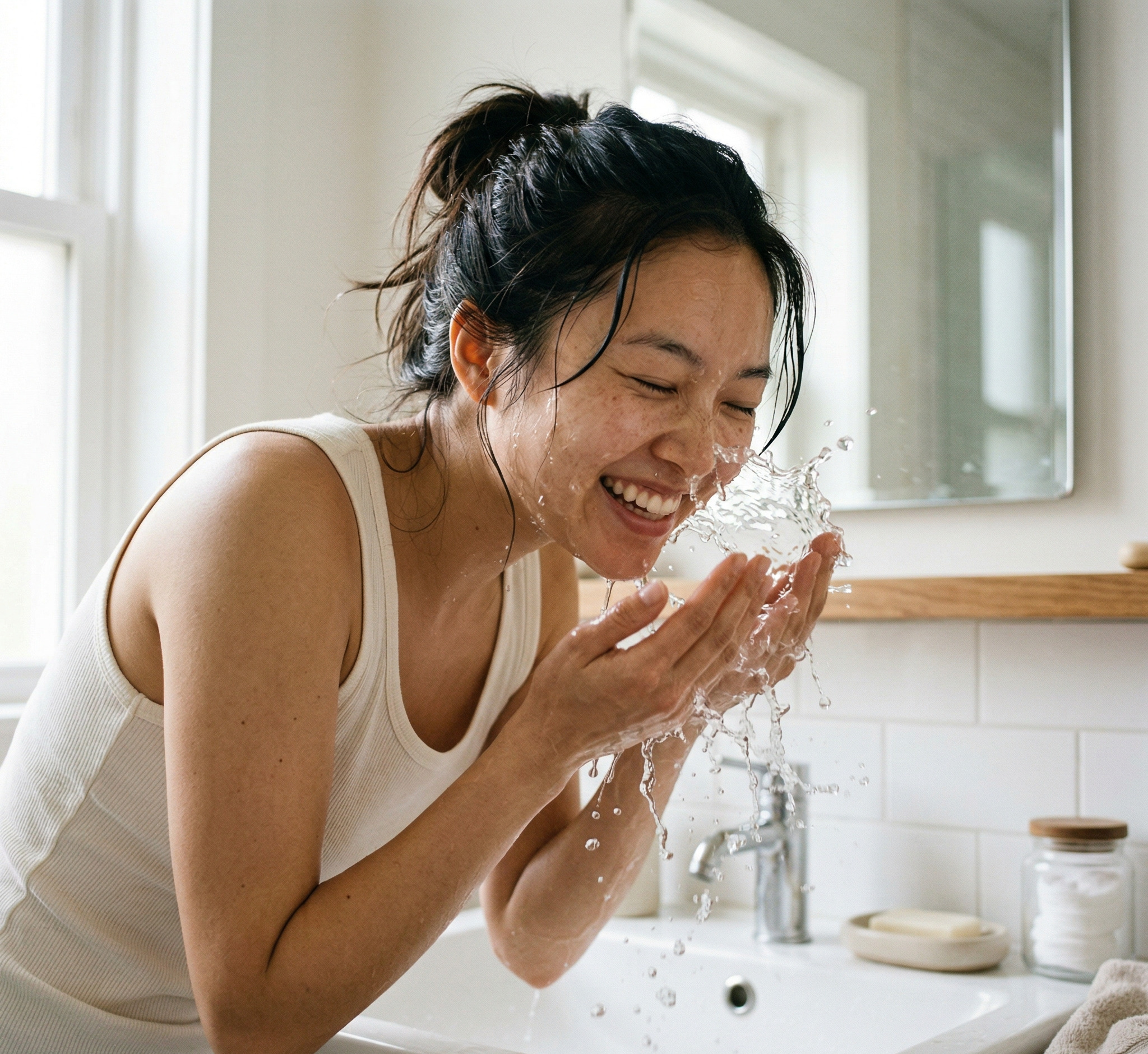 Cô gái rửa mặt đơn giản với nước vào buổi sáng khi không cần double cleansing