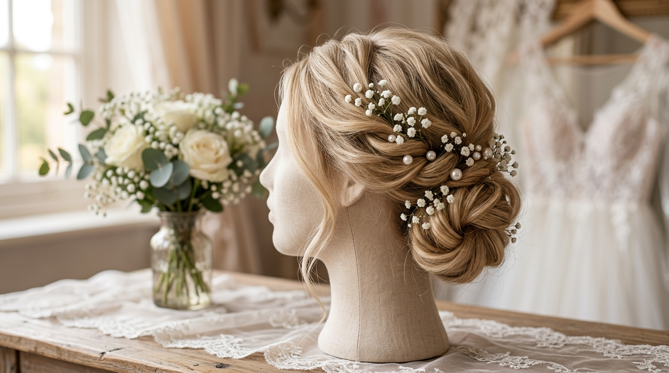 Kiểu tóc cô dâu búi cao với trâm cài ngọc trai - sang trọng ngày cưới