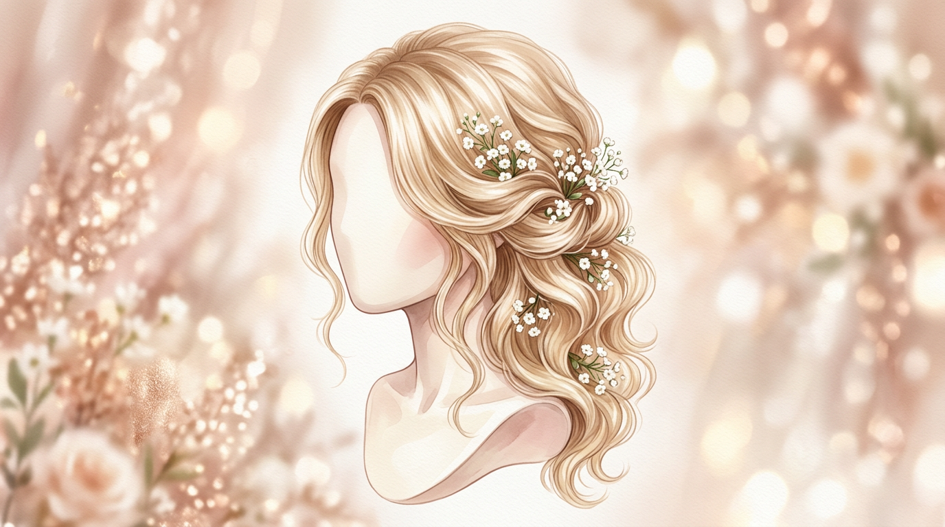 Kiểu tóc cô dâu xõa sóng nhẹ với hoa nhỏ cài tóc lãng mạn