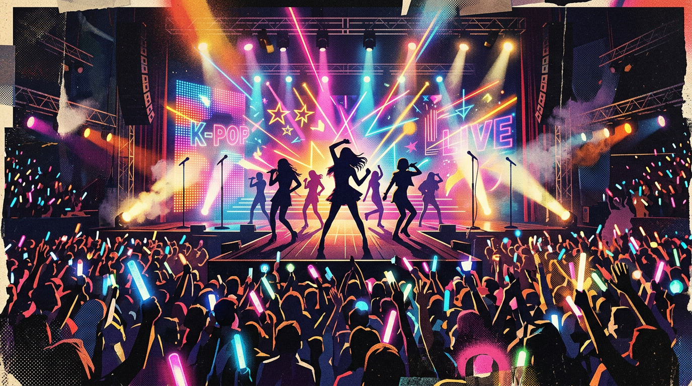 Sân khấu Kpop thế hệ 2 với ánh đèn neon rực rỡ và bóng silhouette các nghệ sĩ biểu diễn