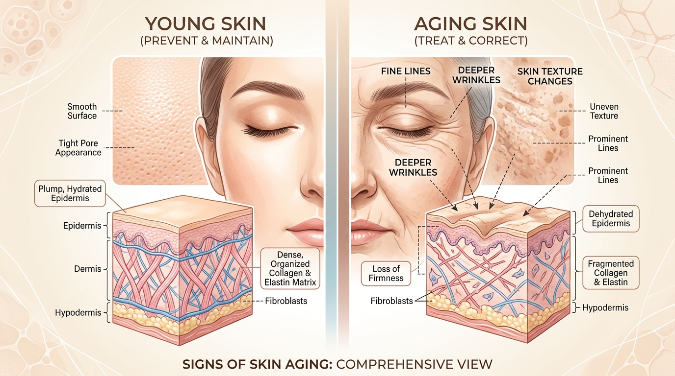 Dấu hiệu lão hóa da như nếp nhăn, da chùn nhão và đốm nâu