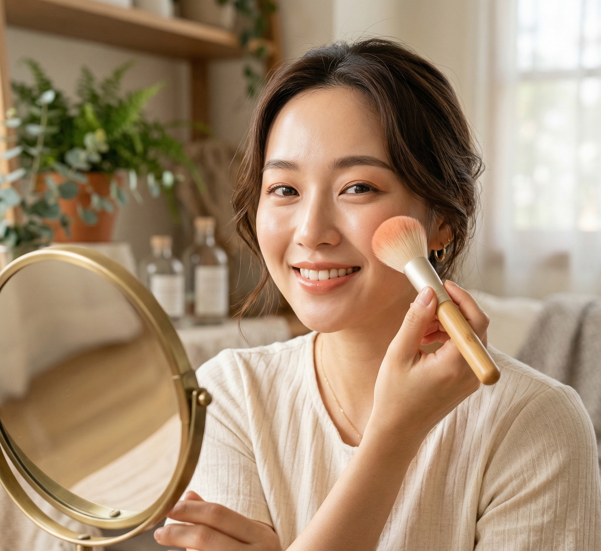 đánh má hồng tự nhiên bằng cọ trang điểm no-makeup look