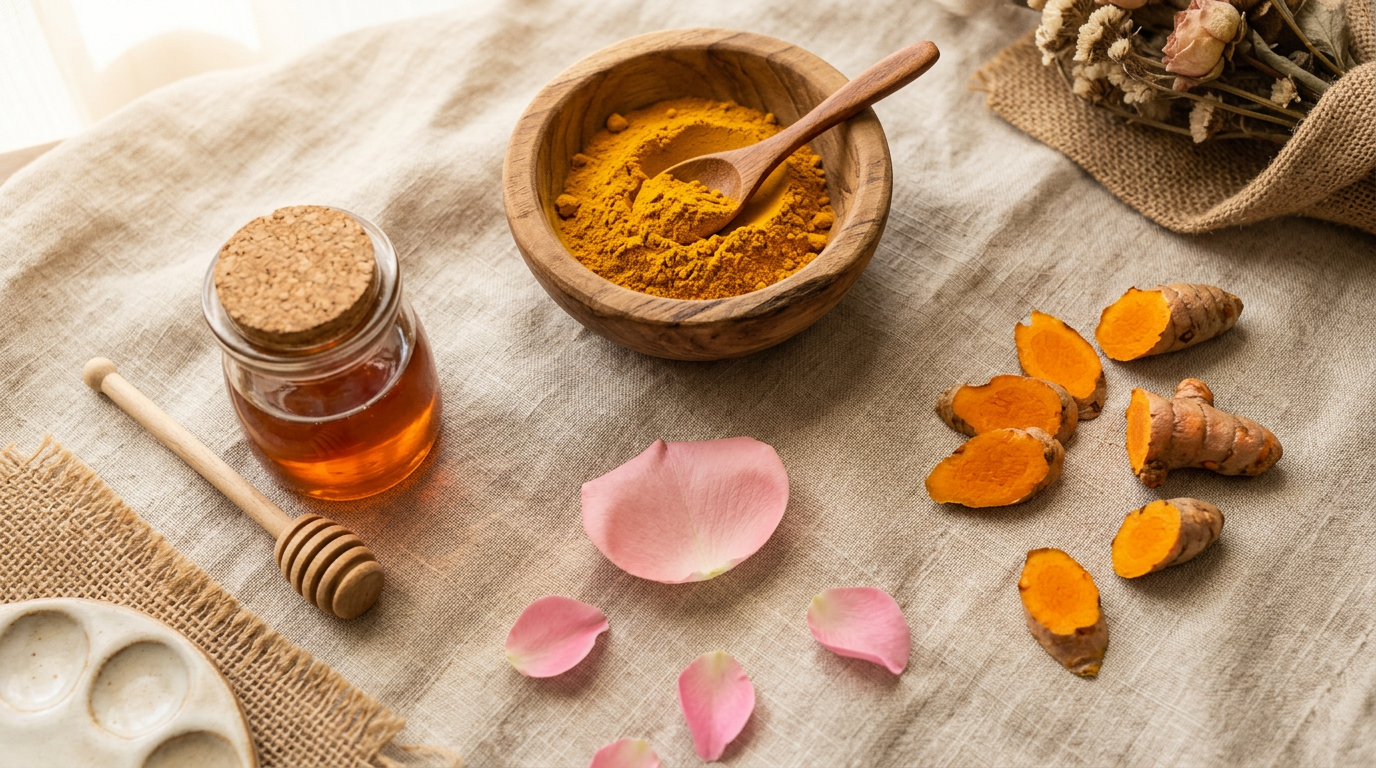 Nguyên liệu làm mặt nạ tinh bột nghệ - nghệ bột, mật ong và hoa