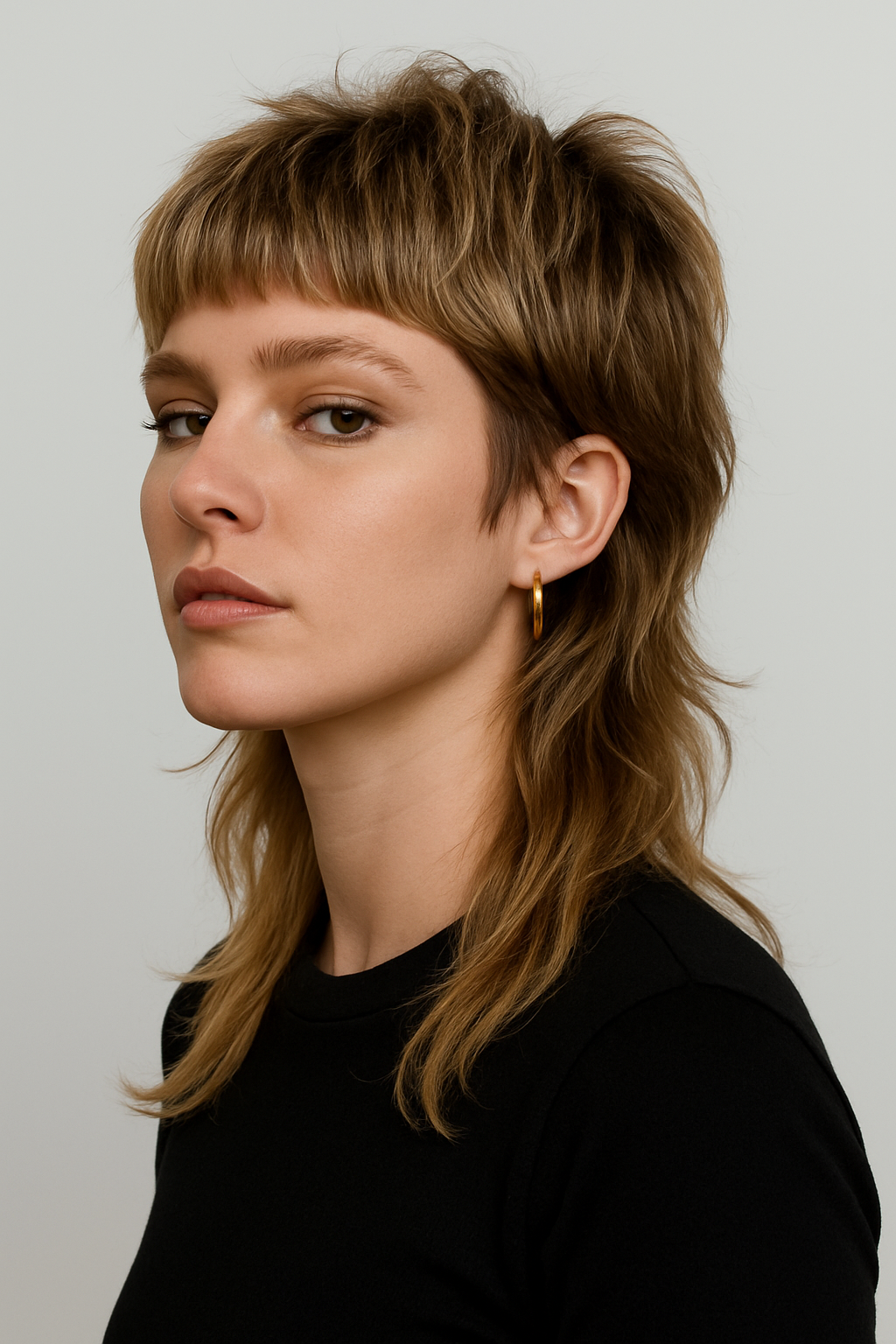 Nữ tóc mullet layer vàng ánh nhìn nghiêng chụp salon chuyên nghiệp