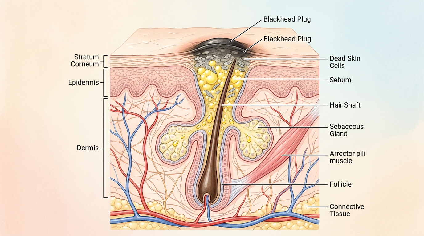 Minh họa cấu trúc lỗ chân lông và cách mụn đầu đen hình thành do bã nhờn bị oxy hóa