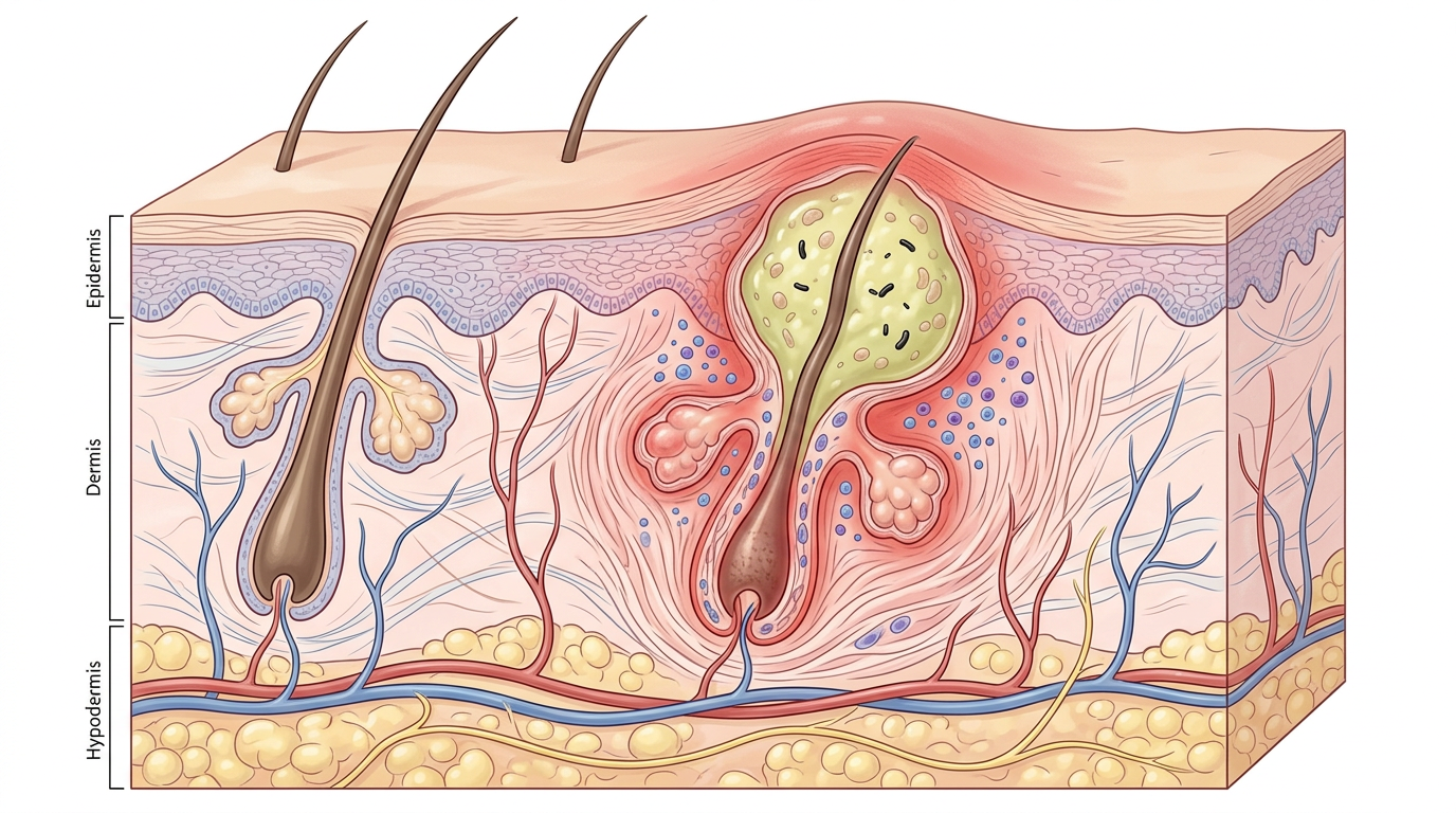 Minh họa cấu trúc da với mụn nang hình thành sâu trong lớp bì, gây viêm và chứa dịch mủ