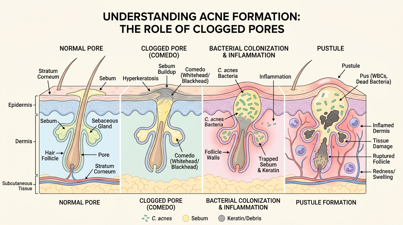 Nguyên nhân hình thành mụn do lỗ chân lông bít tắc và vi khuẩn