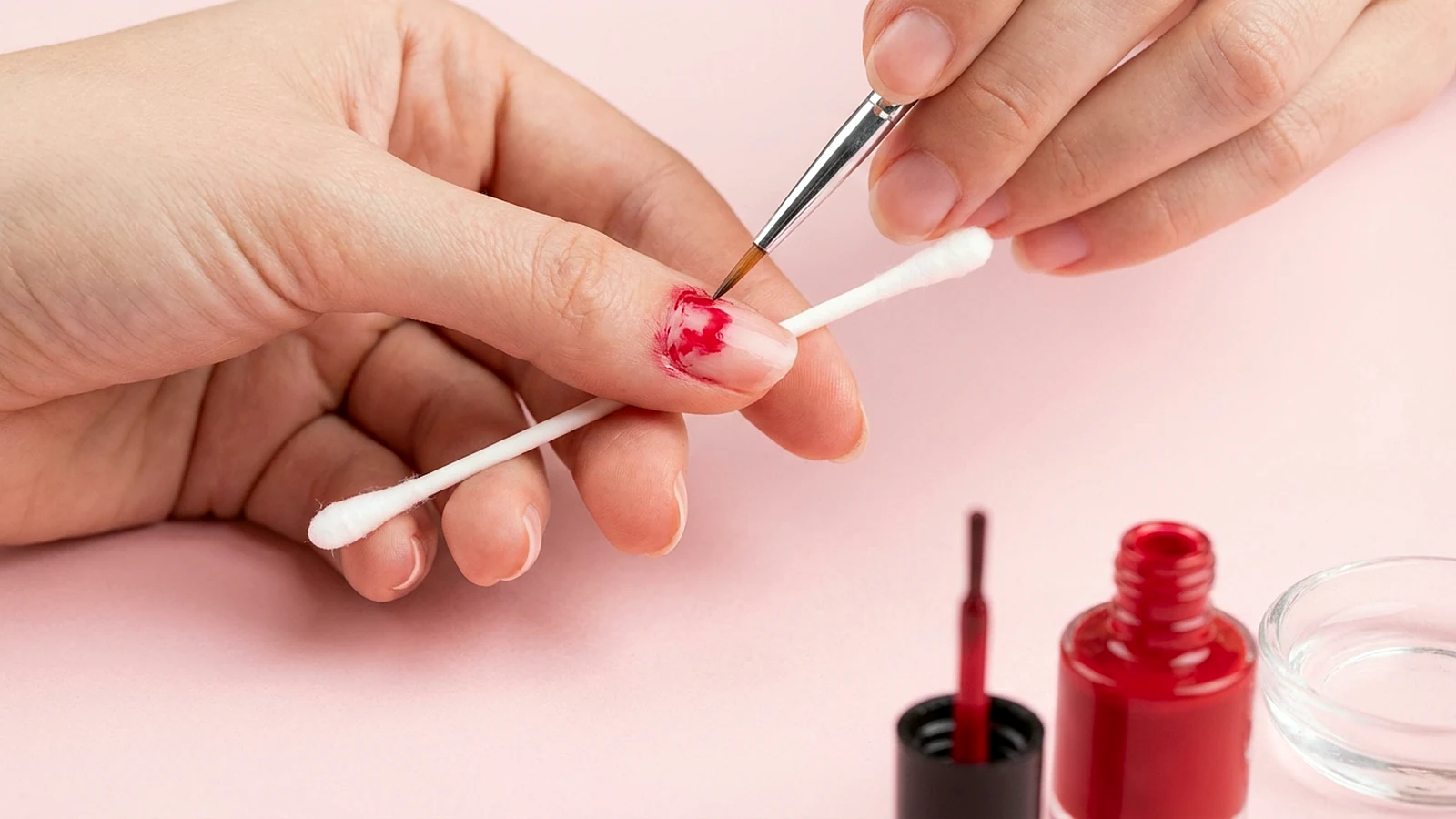 Minh họa một lỗi thường gặp khi vẽ móng tay và cách sửa nhanh bằng cọ mảnh, chỉ một bàn tay