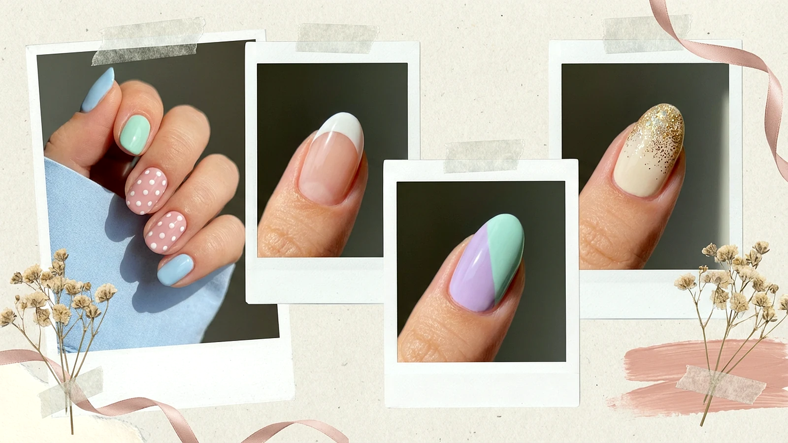 Các mẫu vẽ móng tay đơn giản như chấm bi, viền đầu móng và đường chéo hai màu