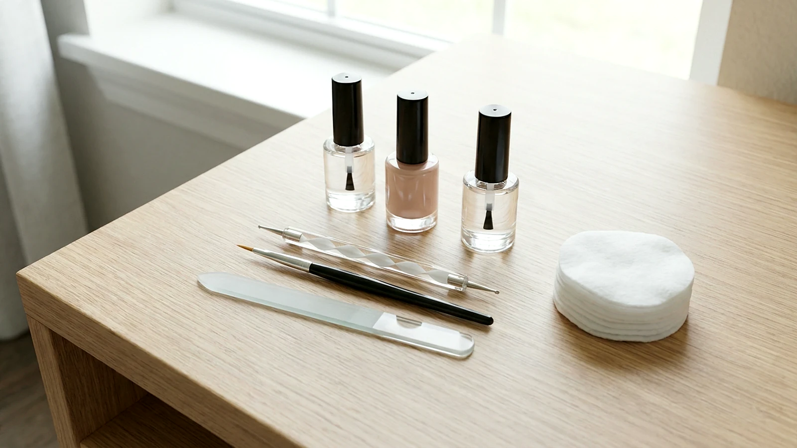 Bộ dụng cụ vẽ móng tay cơ bản gồm sơn lót, sơn màu, sơn phủ và cọ mảnh