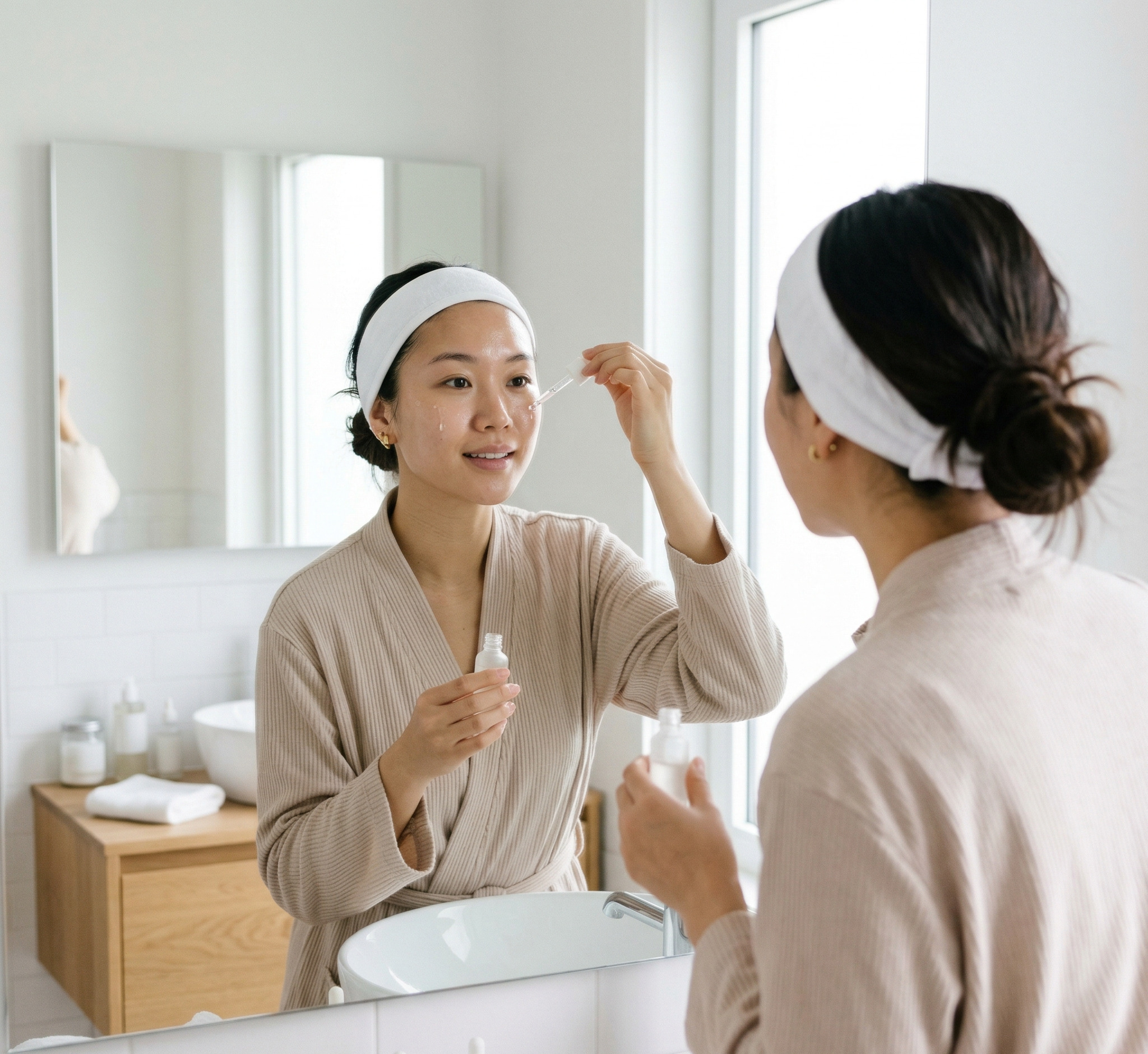 Phụ nữ châu Á dùng serum nhỏ giọt trước gương