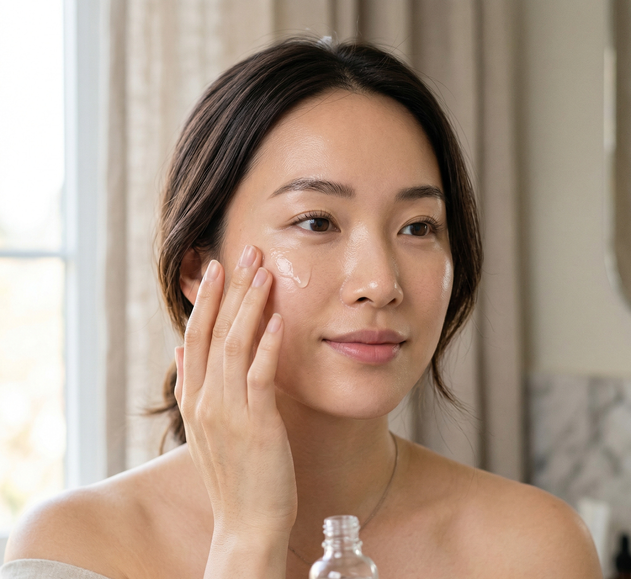 Phụ nữ châu Á thoa serum niacinamide lên mặt