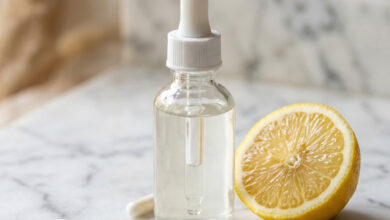 Lọ serum niacinamide dạng nhỏ giọt trên đá cẩm thạch cùng viên vitamin B3