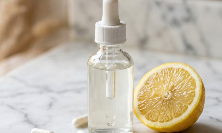 Lọ serum niacinamide dạng nhỏ giọt trên đá cẩm thạch cùng viên vitamin B3