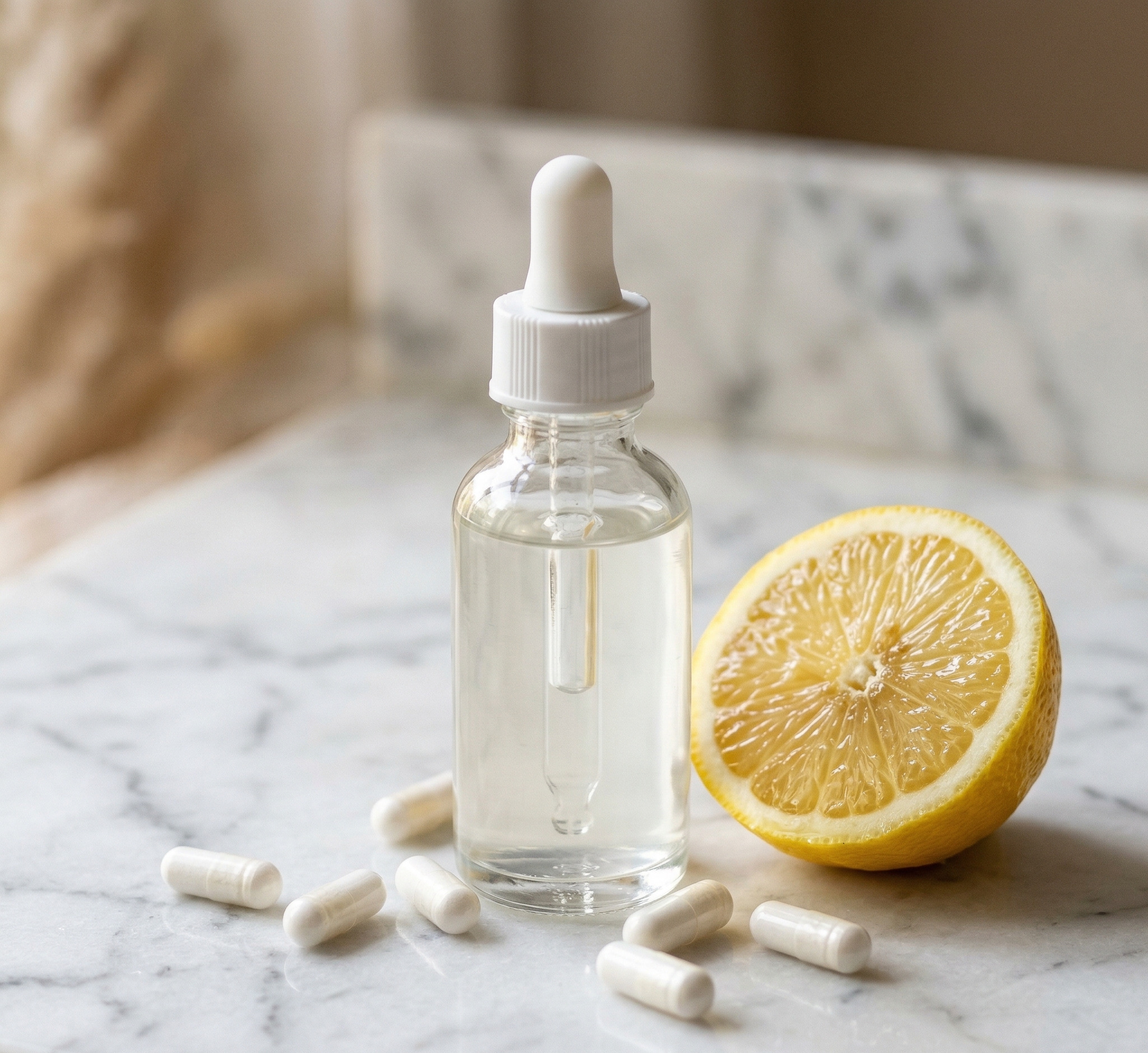 Lọ serum niacinamide dạng nhỏ giọt trên đá cẩm thạch cùng viên vitamin B3