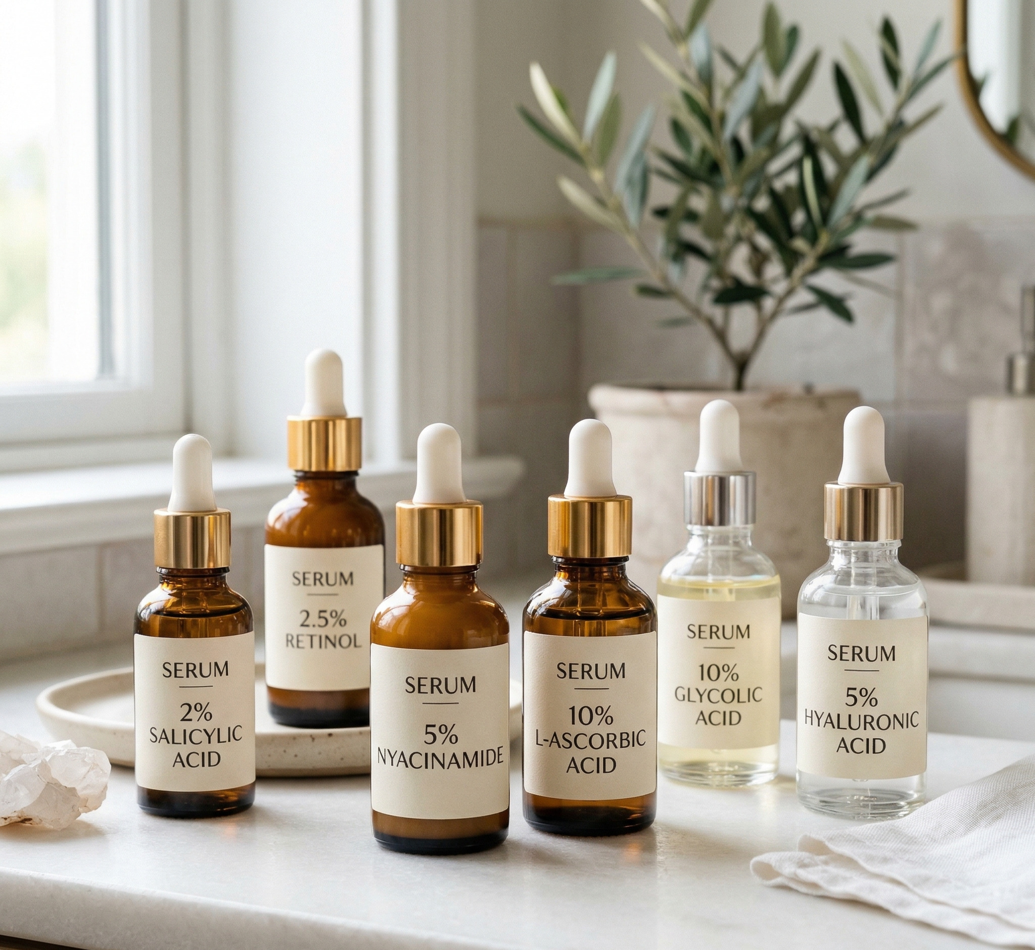 Nhiều lọ serum với nồng độ khác nhau 5% và 10%