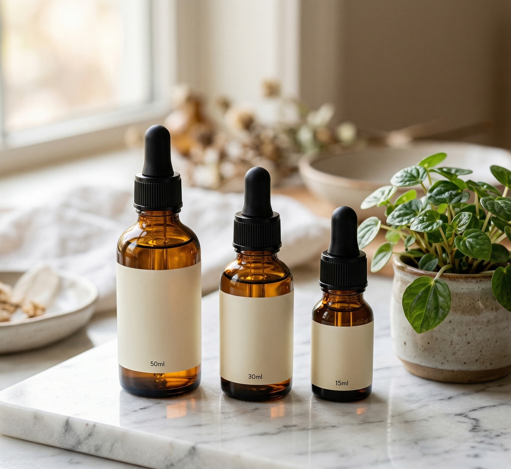 Ba lọ serum niacinamide kích thước khác nhau trên đá cẩm thạch