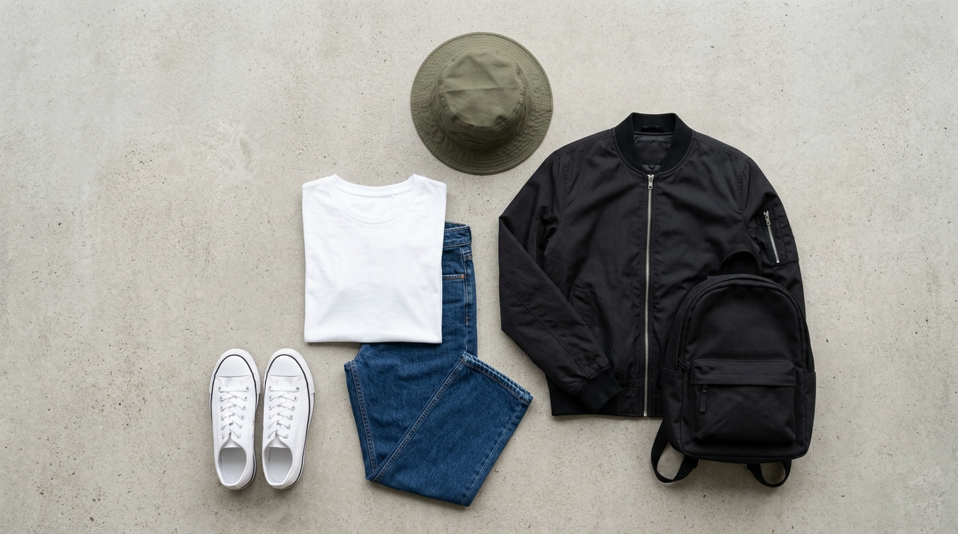 Các item cơ bản để bắt đầu phong cách tomboy: áo thun trắng, quần jeans, sneaker, bomber jacket