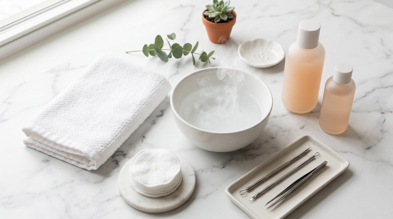 Dụng cụ và sản phẩm cần chuẩn bị để nặn mụn đầu đen đúng cách tại nhà