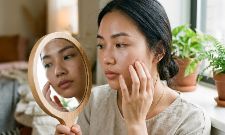 Retinol bao lâu có tác dụng - phụ nữ kiểm tra da trước gương