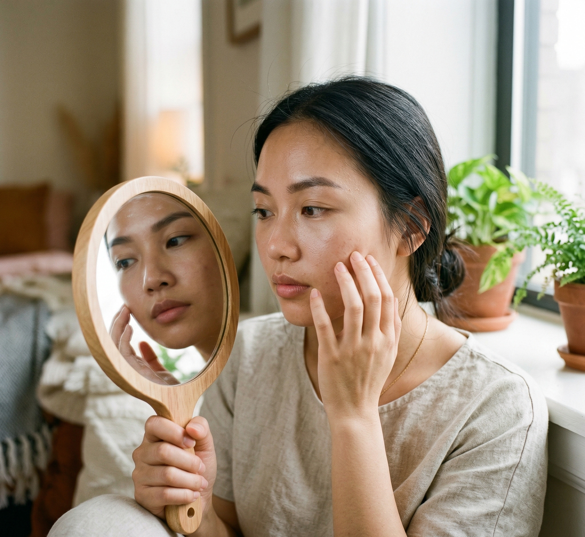 Retinol bao lâu có tác dụng - phụ nữ kiểm tra da trước gương