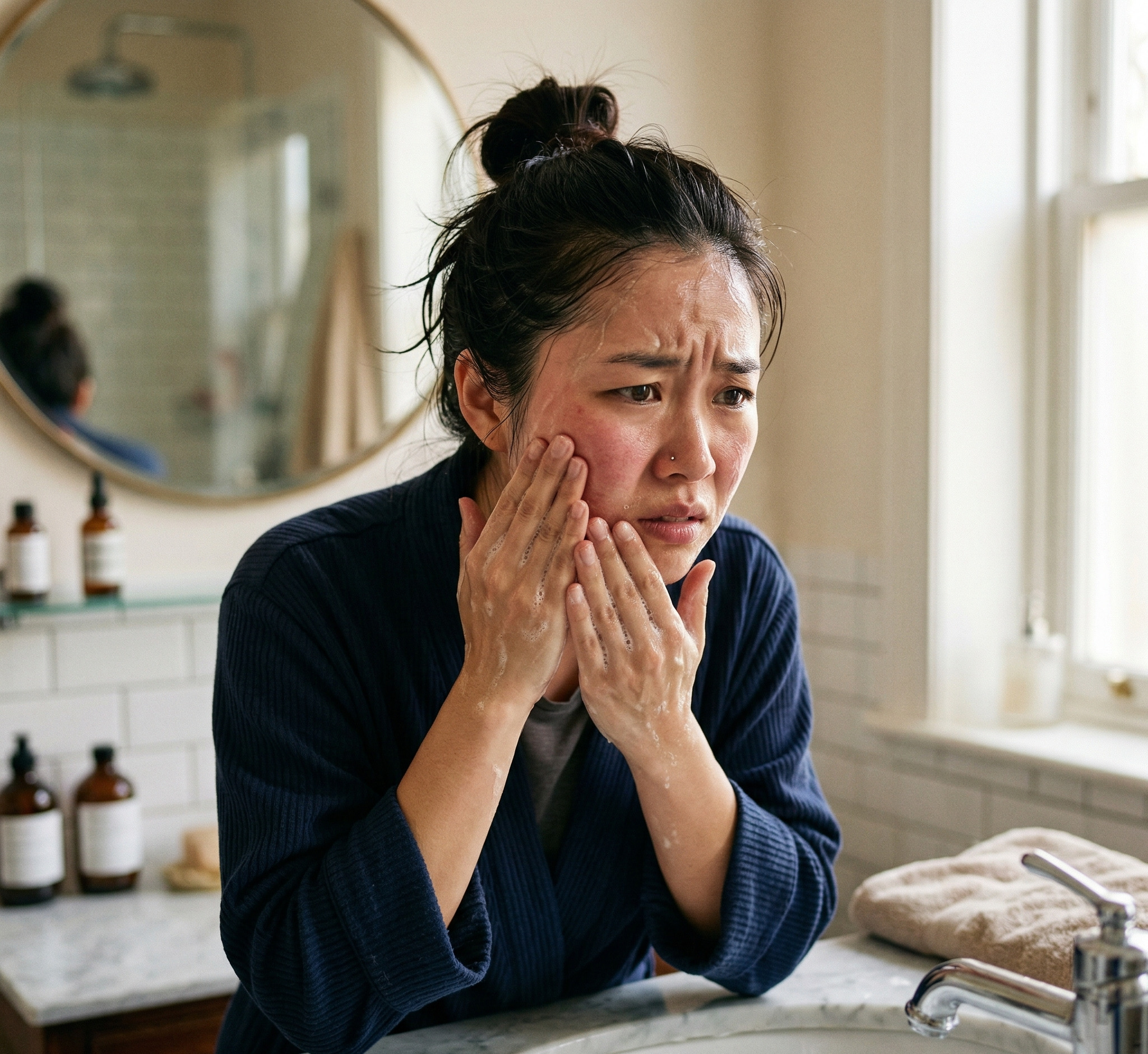 Da bị kích ứng đỏ rát do chà xát quá mạnh khi rửa mặt