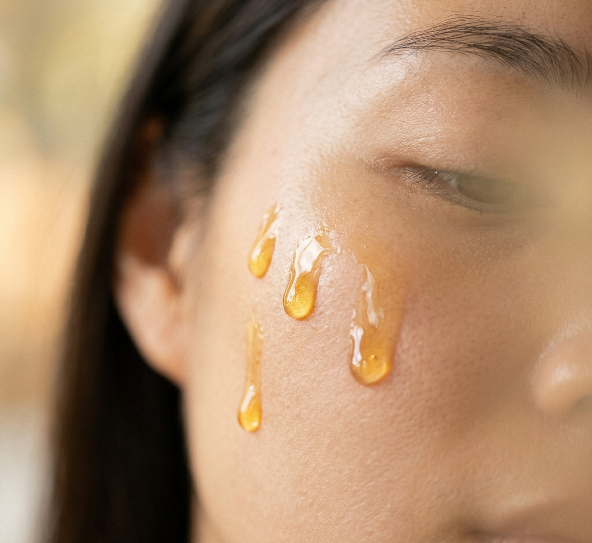 Giọt serum vitamin C màu vàng trên da phụ nữ châu Á