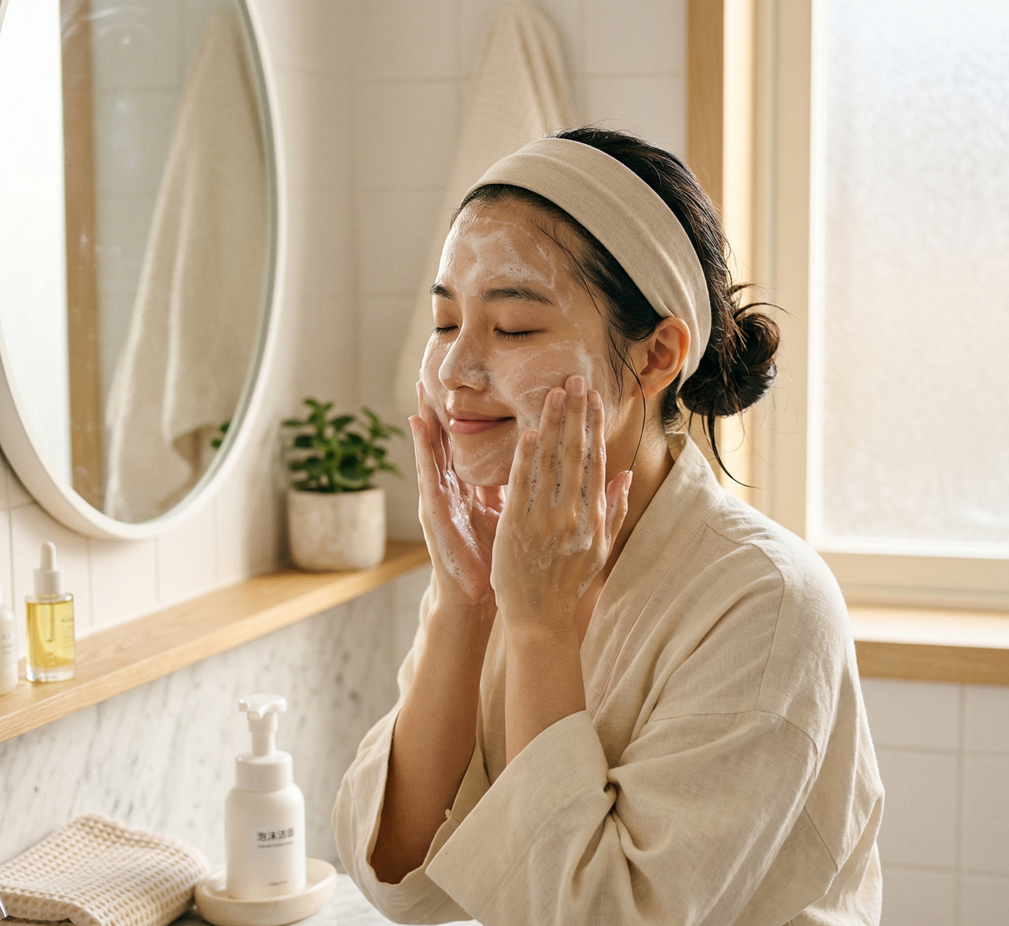 Rửa mặt nhẹ nhàng bước đầu trong routine da nhạy cảm