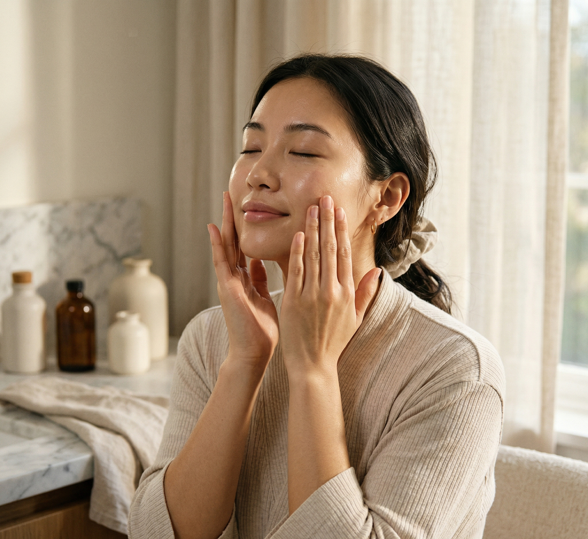 Vỗ toner dưỡng ẩm nhẹ nhàng lên da nhạy cảm